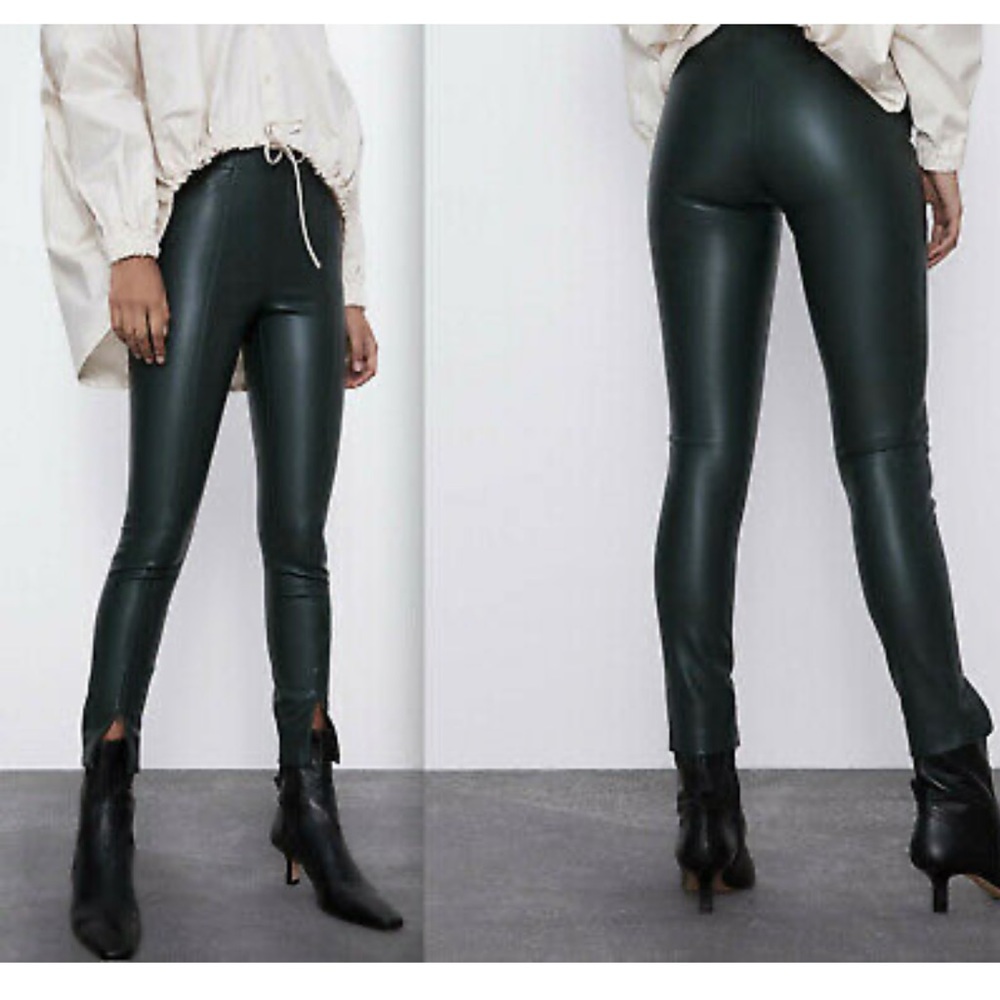 NWT Zara Green Leather Leggings Mid-Rise